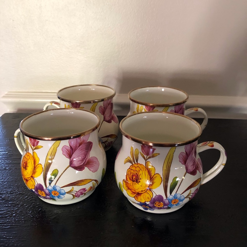 MacKenzie Childs white Flower Market Mugs